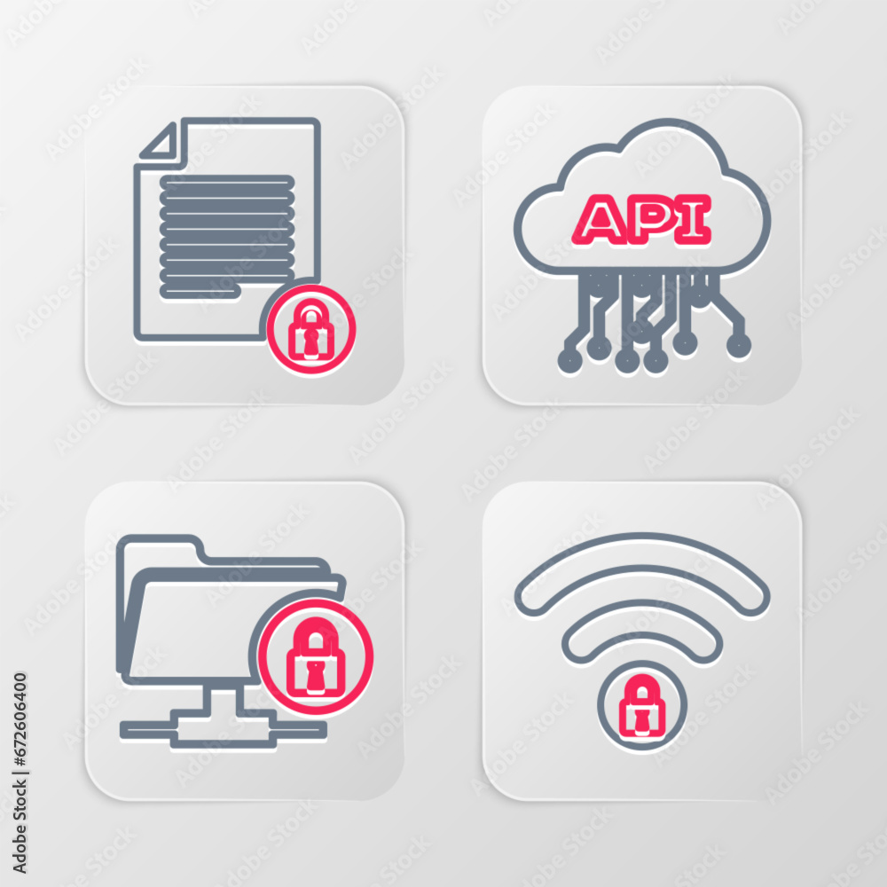 Poster set line wifi locked, ftp folder and, cloud api interface and document icon. vector