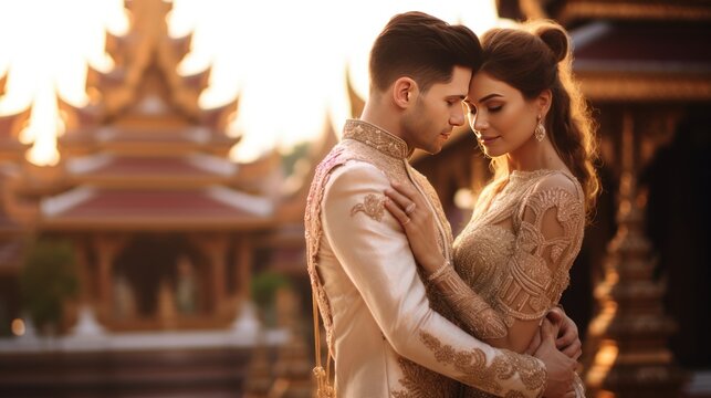 The American bride and groom are dressed in traditional Thai clothing.