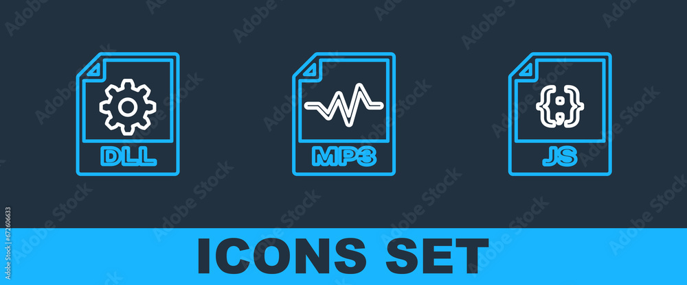 Poster set line js file document, dll and mp3 icon. vector