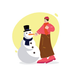 Snowman in a Winter Landscape Vector Illustration