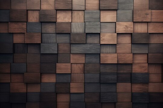 Wall background with tiles. Timber wallpaper with wood blocks. 3D render. Generative AI