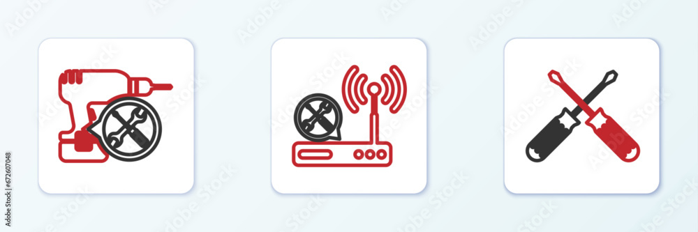 Poster set line crossed screwdrivers, drill machine service and router wi-fi icon. vector