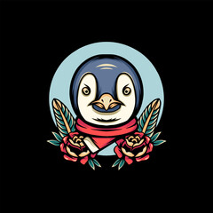Fototapeta premium Penguin Christmas And Roses Retro Illustration