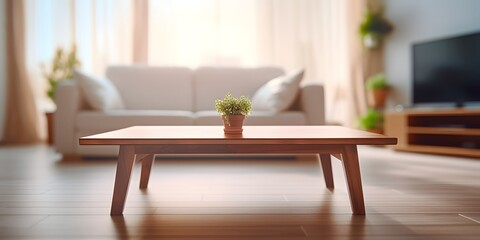Empty coffee table mock-up in a living room early morning light blurred background - Generative ai