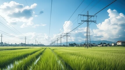 High-voltage electric poles and rice fields - obrazy, fototapety, plakaty