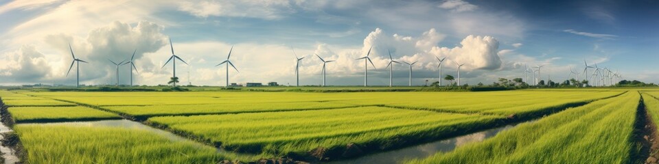 Solar wind turbines and rice fields wide angle lens natural lighting - obrazy, fototapety, plakaty
