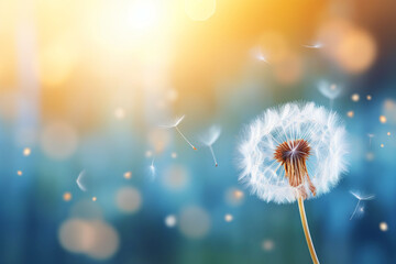 Beautiful dandelion flower with flying feathers on colorful bokeh background, Macro shot of summer nature scene, soft light photography