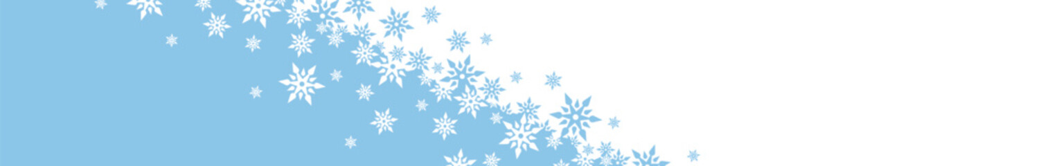 Fototapeta na wymiar Horizontal banner with white and blue Christmas symbols. Christmas snowflakes. Winter background with place for text. 