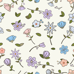 Spring floral seamless pattern. Hand drawn vector flowers scattered with pastel colors for print, wallpaper, gift wrap, textile and more. Aesthetic spring flowers vector illustration 