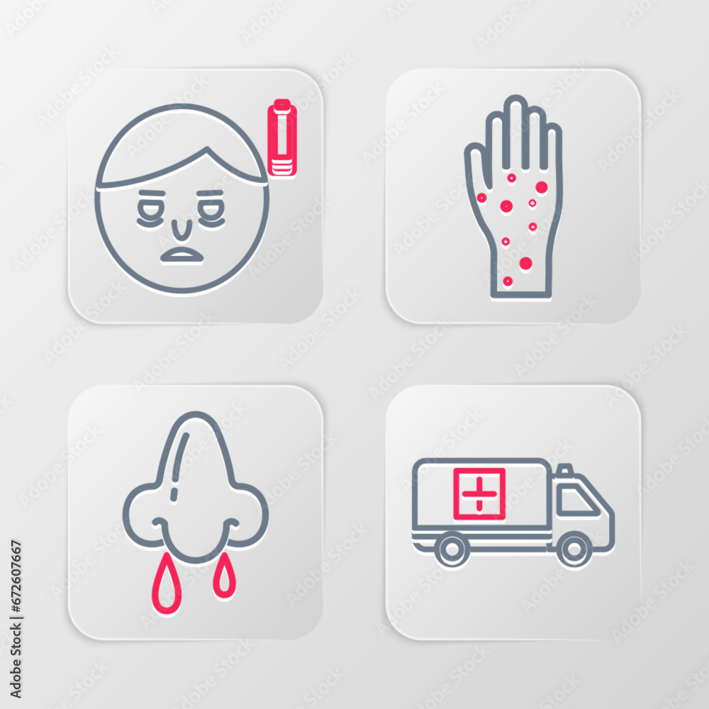 Wall mural set line emergency car, runny nose, hand with psoriasis or eczema and fatigue icon. vector