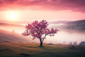 Fototapeta na wymiar Beautiful spring in landscape, Foggy summer morning in the mountains, Blooming tree on the hill with fog, soft light photography