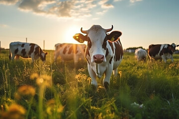 Beautiful sunset on a pasture or a meadow, where cows and calves graze on a green grass, Cow grazing on a pasture during a sunset, Countryside pasture with green grass and flowers, cattle grazing