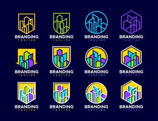 Colorful flat line property building logo design set