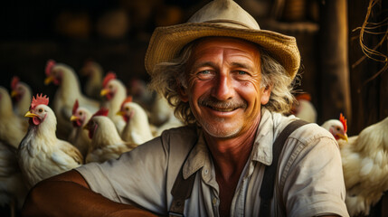 Fototapeta premium Cheerful farmer amongst free-range chickens in green field.