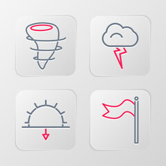 Set line Meteorology windsock wind vane, Sunset, Storm and Tornado icon. Vector