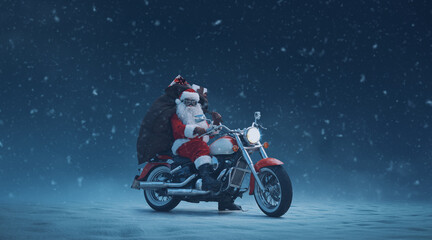 Biker Santa Claus posing on a motorcycle - obrazy, fototapety, plakaty