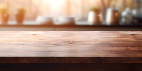 Empty kitchen table mock-up in early morning with a light blurred background - Generative ai