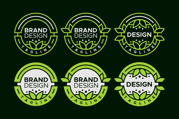 Line flat natural leaf vegan circle emblem logo design set