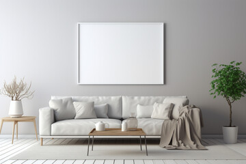 Blank poster in living room with gray sofa, aesthetic look