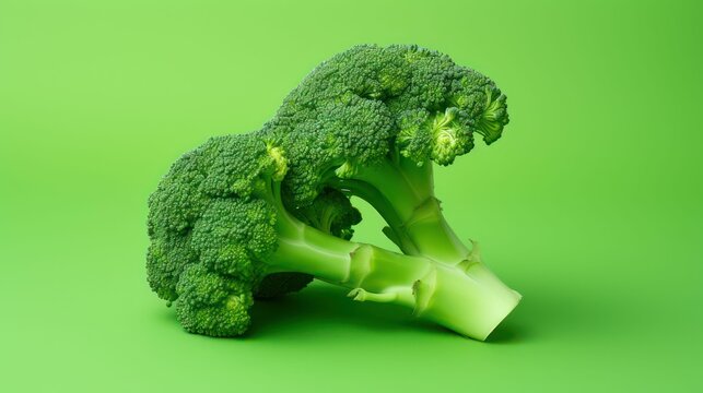 Fresh broccoli florets against a green background, AI-generated.
