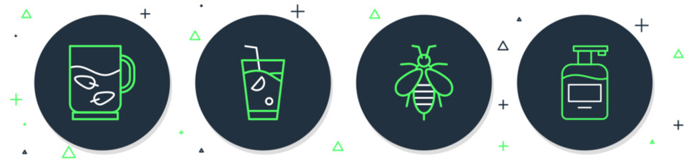 Set line Fresh smoothie, Bee, Cup of tea and leaf and Bottle liquid soap icon. Vector