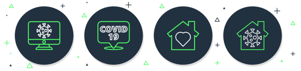 Set line Corona virus on location, House with heart inside, Virus statistics monitor and Stay home icon. Vector