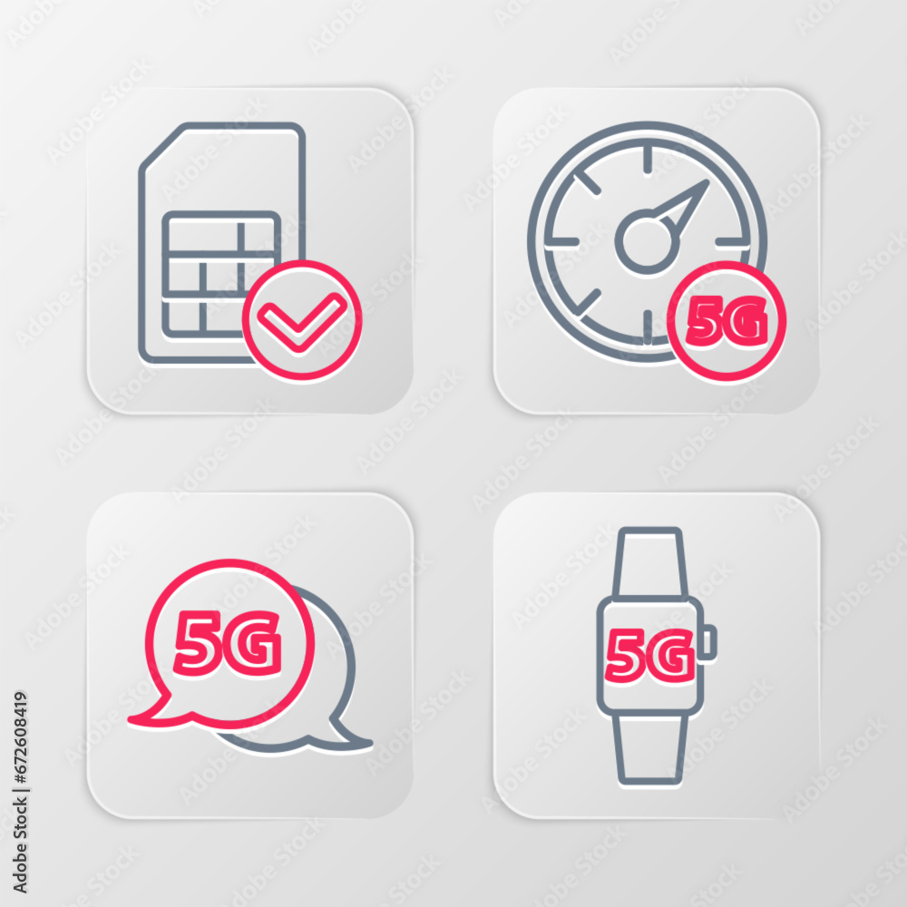 Poster set line smart watch 5g network, digital speed meter and sim card icon. vector