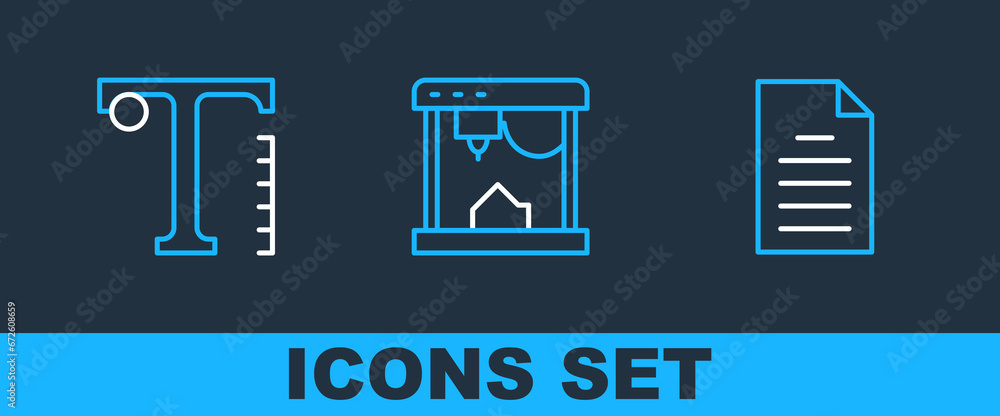 Poster set line file document, text and 3d printer icon. vector