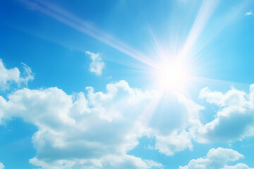 Naklejka na ściany i meble Bright sunshine with sun flares and clouds on clear blue sky background, hot summer concept