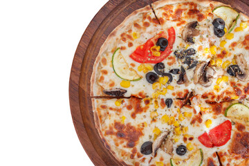 Pizza with cheese mushrooms and olives, part on wooden board, isolated on white background with clipping path