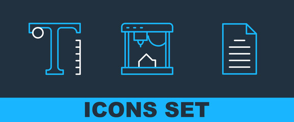 Set line File document, Text and 3D printer icon. Vector