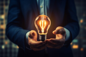 businessman hold light bulb inspired by innovative business idea, male boss or director motivated with successful startup in office, innovation, energy save concept, aesthetic look