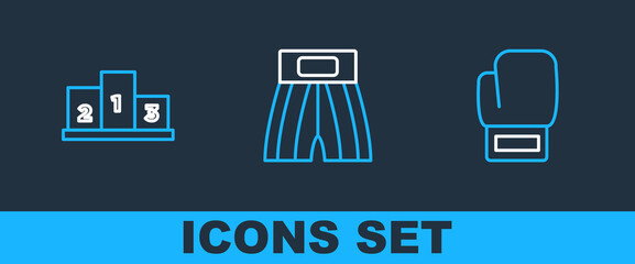 Set line Boxing glove, Award over sports winner podium and short icon. Vector