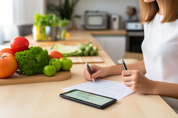 Calories counting , diet , food control and weight loss concept, woman using Calorie counter application on tablet at dining table with fresh vegetable and calculator - obrazy, fototapety, plakaty