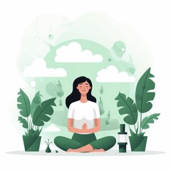 Obraz na płótnie Canvas AI generated illustration of a woman meditating, sitting among green plants