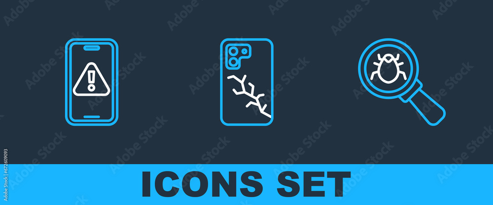 Poster set line system bug, mobile with exclamation mark and broken screen icon. vector