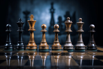 Chess pieces stand concepts of leadership or wining challenge strategy and battle fighting of business team player and risk management or human resource or strategic planning, aesthetic look