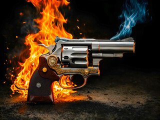 A cold revolver with fire on black background - obrazy, fototapety, plakaty