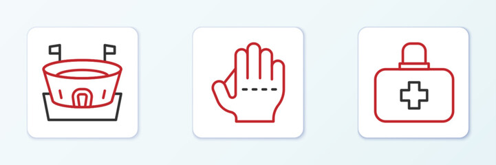 Obraz premium Set line First aid kit, Baseball arena and glove icon. Vector
