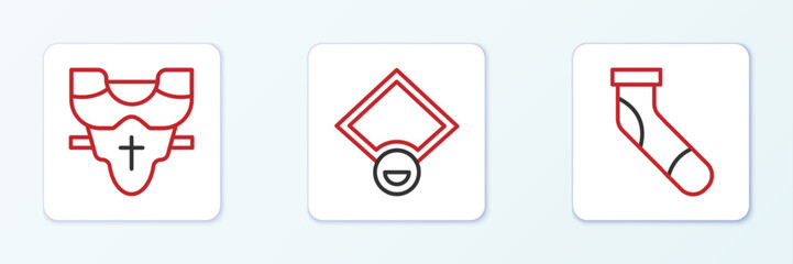 Set line Baseball sock, Player chest protector and field icon. Vector