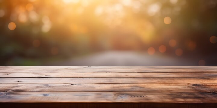 Close up on empty table made of wood in early morning with a light blurred background - generative ai