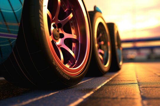 Close-up of two drag racing cars' wheels on a straight track. Generative AI