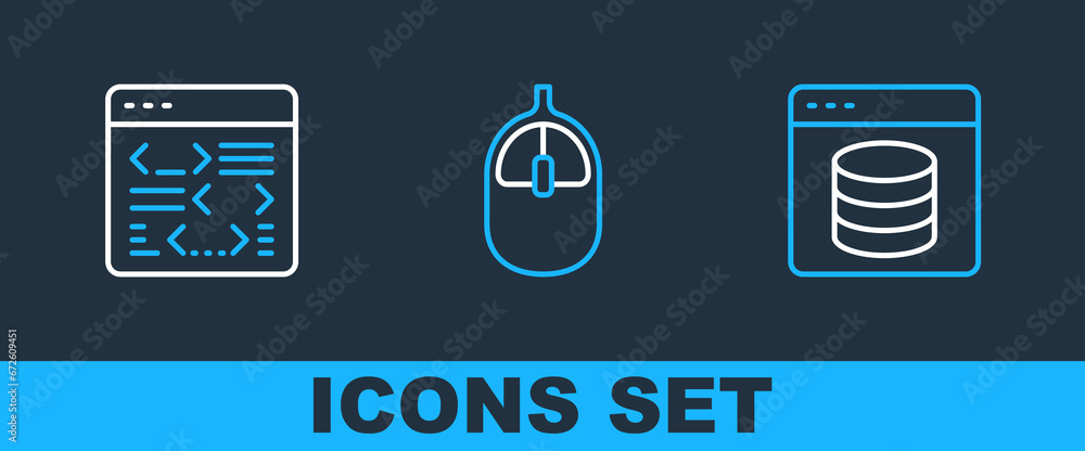 Poster set line server, data, web hosting, software and computer mouse icon. vector