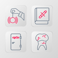 Set line Tooth with caries, No smoking area, Book stop cigarette and Hypnosis icon. Vector