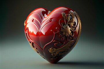 AI generated illustration of a vibrant red heart with gold accents glimmering in the light - obrazy, fototapety, plakaty