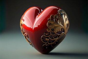 AI generated illustration of a vibrant red heart with gold accents glimmering in the light - obrazy, fototapety, plakaty