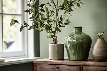 Close-up of a vase filled with green foliage on a sideboard in a living room, aesthetic look