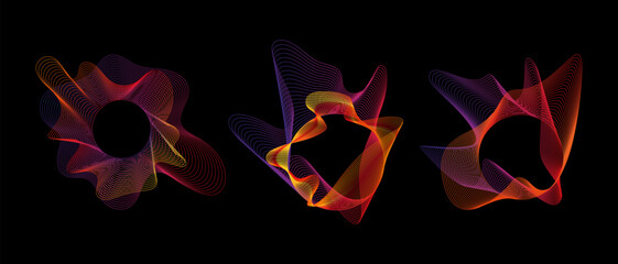 Sound smooth waves of shapes of different shapes, Set Equalizer rainbow color gradient. Vector geometric shapes isolated on black background.