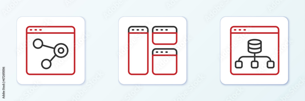 Poster set line server, data, browser window and icon. vector