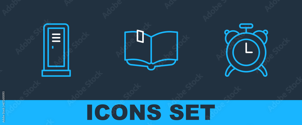 Poster set line alarm clock, locker or changing room and open book icon. vector
